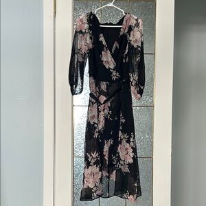 DKNY Floral Black and Pink Wrap Dress